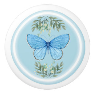 ceramic drawer knob - blue butterfly design 