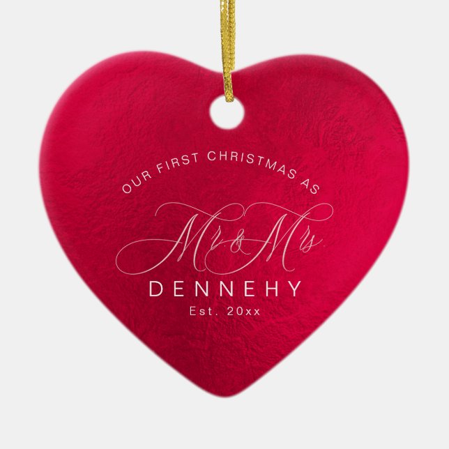 Ceramic Heart First Christmas, Iridescent Red Tree Decoration (Front)