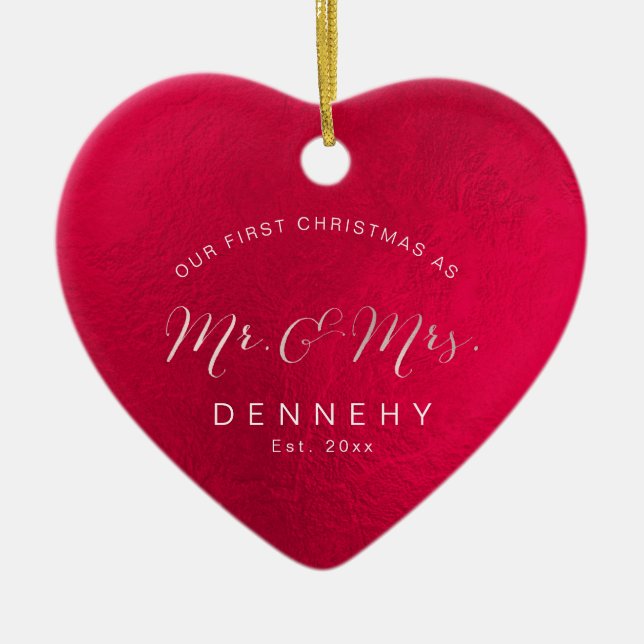 Ceramic Heart First Christmas, Iridescent Red Tree Decoration (Front)