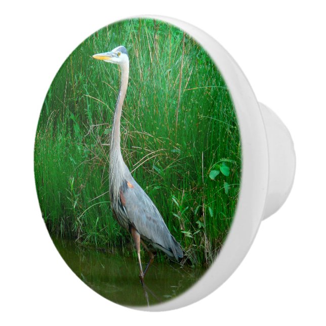 CERAMIC KNOB/"BLUE HERON STANDING IN POND" CERAMIC KNOB (Right)