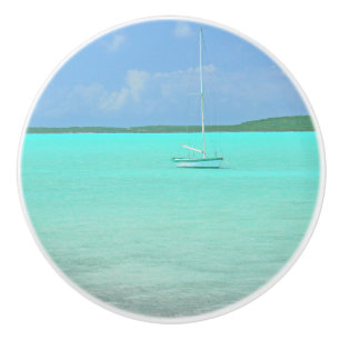 CERAMIC KNOB/CUSTOM/LONE SAIL BOAT/BLUE-GREEN SEA KNOB