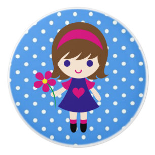 Ceramic Knob/Cute Girl with Flower and Polka Dots Ceramic Knob