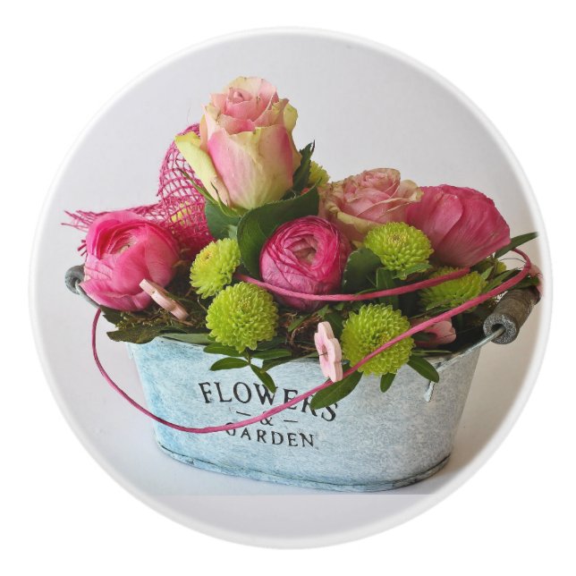 Ceramic Knob Draw Pull Country Flowers in Garden (Front)