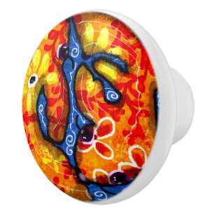 Ceramic Knob Whimsical Abstract Koi Fish Blue 