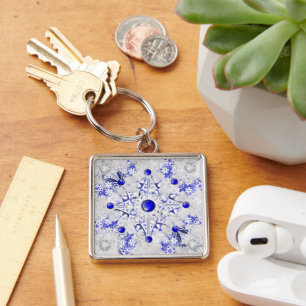 Ceramic Lace Blue of Greece & snowflakes Key Ring