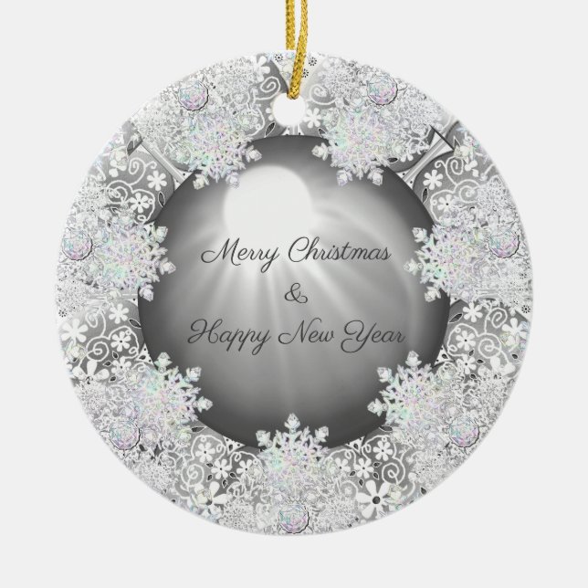 Ceramic Lace grey & snowflakes Tree Decoration (Front)