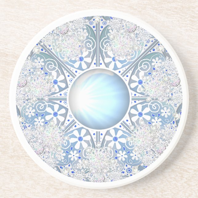 Ceramic lace light blue & snowflake coaster (Front)