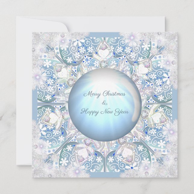Ceramic lace light blue & snowflake holiday card (Front)