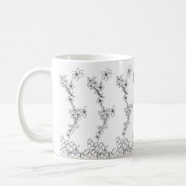 Ceramic Mug – Black and White Floral Pattern (Left)