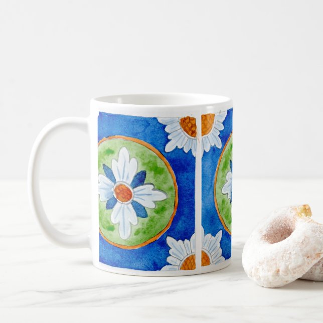 Ceramic mug featuring a Sicilian tile design (With Donut)