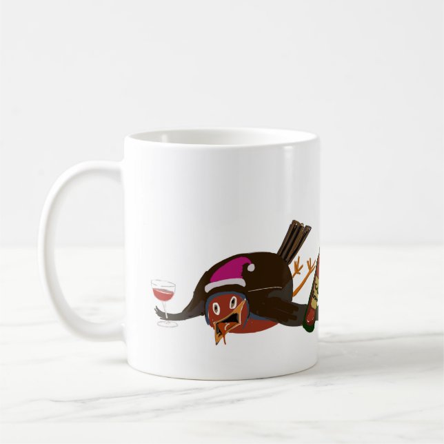 Ceramic mug with Flat Out Robin design (Left)