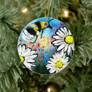 Ceramic Ornament Whimsical Bee Daisies Abstract