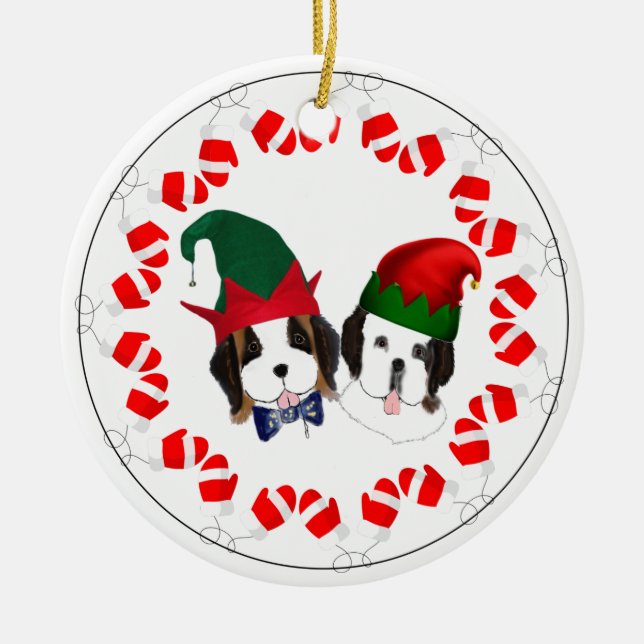 Ceramic Ornament with St. Bernard Elves (Front)