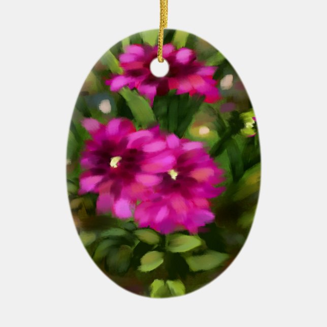 Ceramic Oval Ornament w/Dark Pink Dahlia Artwork (Front)