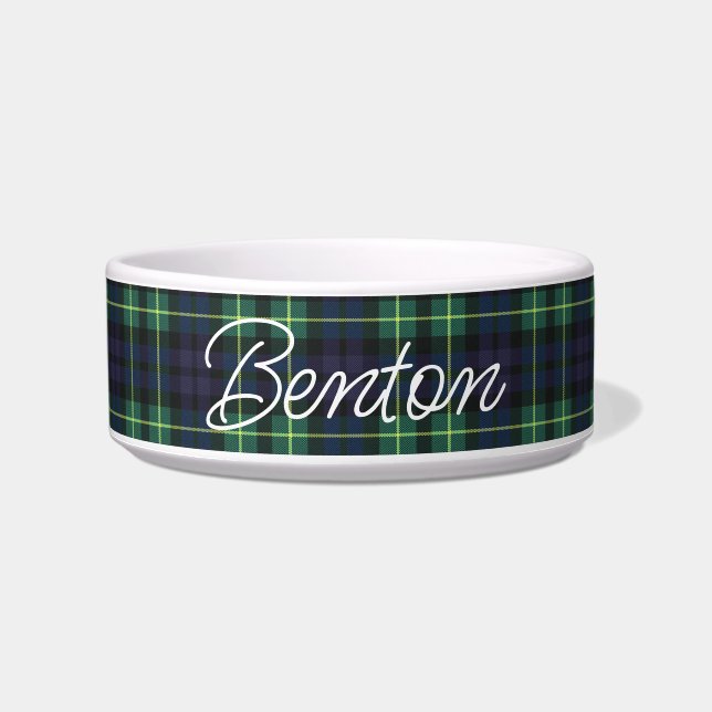 Ceramic Personalised Dog and Cat Bowl Green Tartan (Front)
