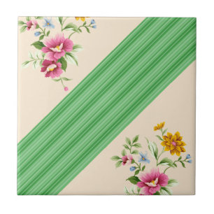 Ceramic Tile Beige Green Stripe Floral
