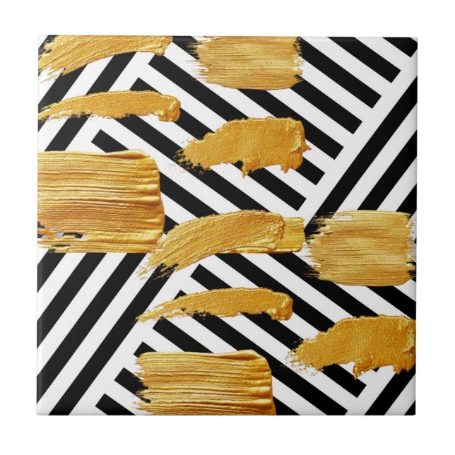 Ceramic Tile Black & White Stripe Gold Pattern (Front)