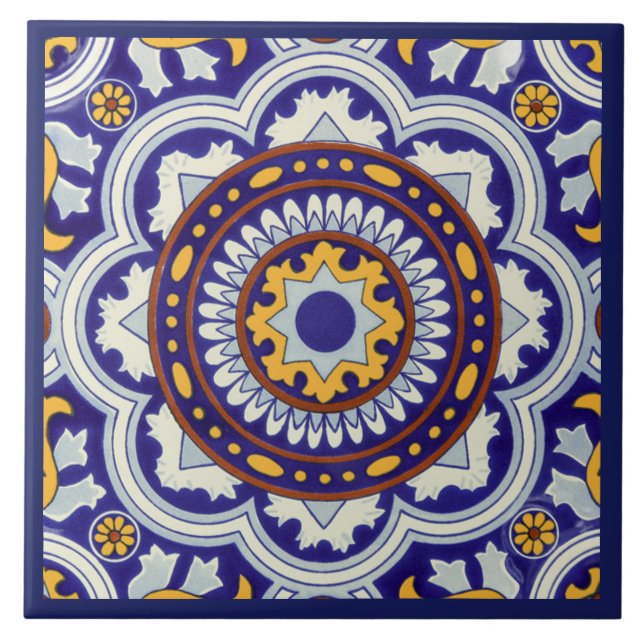 Ceramic Tile - Blue Border Mexican Style (Front)