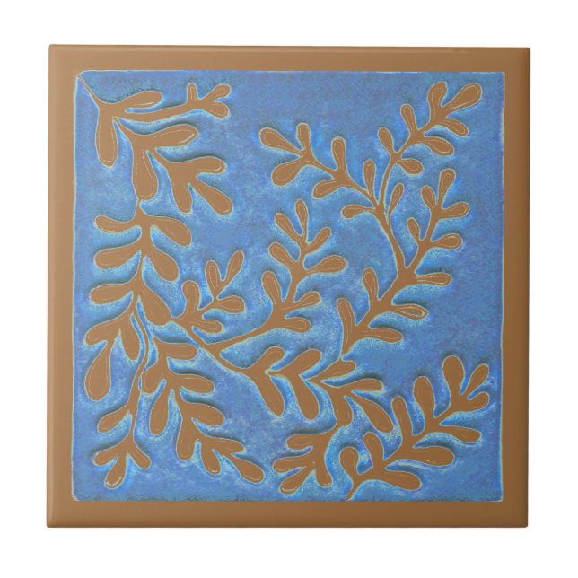 Ceramic tile, Blue & Copper leaves Tile (Front)