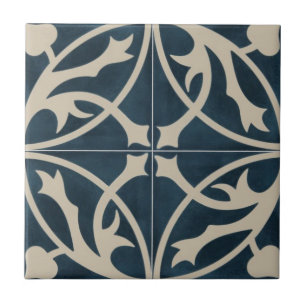 Ceramic Tile - Blue & Ivory Leafs