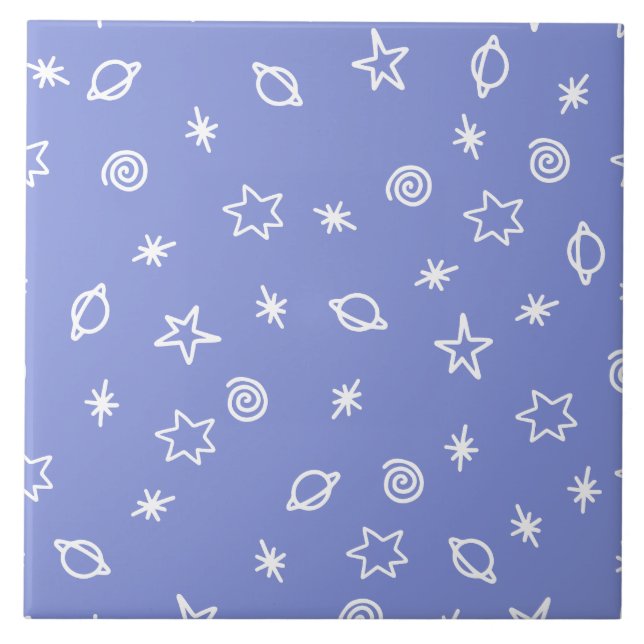 Ceramic Tile Blue Space Doodle Stars Planets (Front)