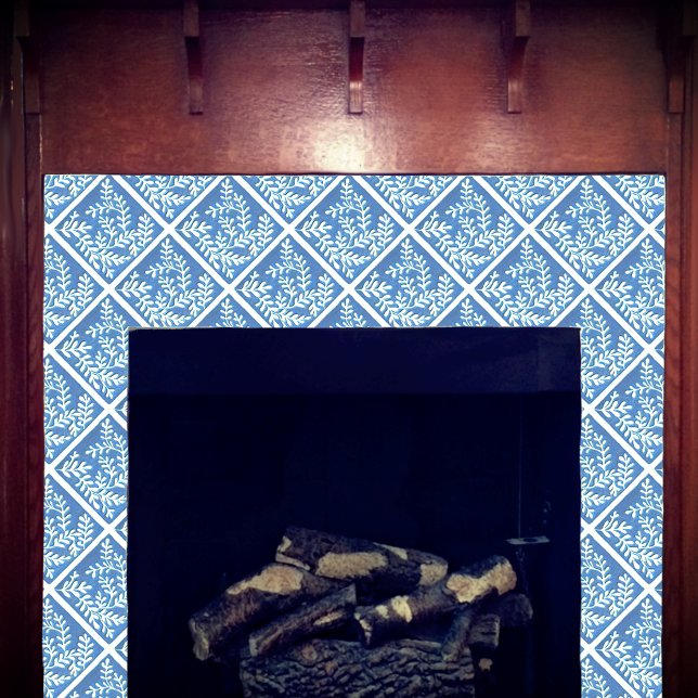 Ceramic tile, Blue & white leaves Tile (False indigo blue and white tile shown on a fireplace.)
