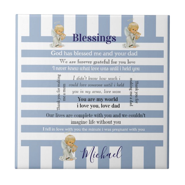 Ceramic Tile Blue & White Stripe Blessings Child (Front)