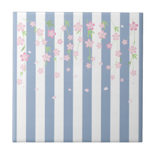 Ceramic Tile Blue & White Stripe Flowers Floral