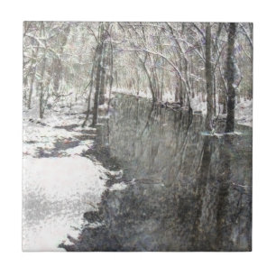 CERAMIC TILE/CREEK AND TREES IN WINTER/ B & W TILE