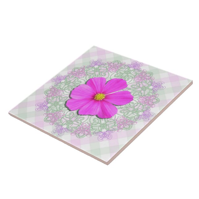 Ceramic Tile - Dark Pink Cosmos on Lace & Lattice (Side)