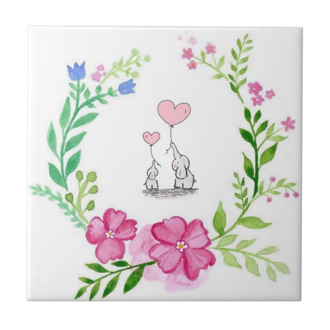 Ceramic Tile Elephant Love Floral (Front)