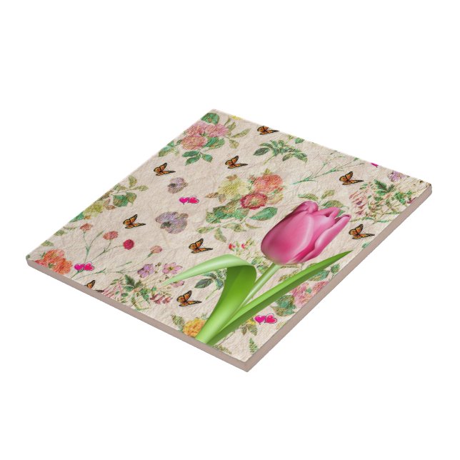 Ceramic Tile Floral Butterfly Pink Tulip (Side)
