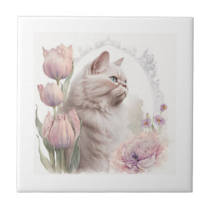 Ceramic Tile  Floral Kitten White