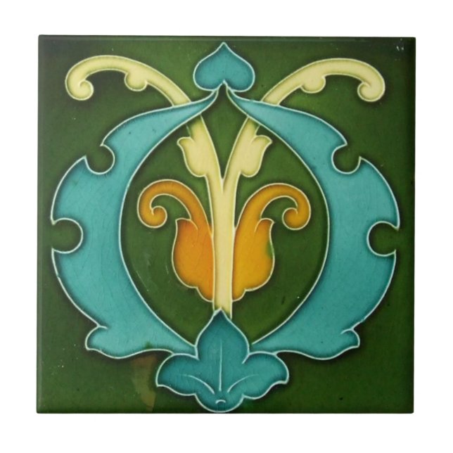 Ceramic Tile - Foliage Art Nouveau Yellow, Blue (Front)