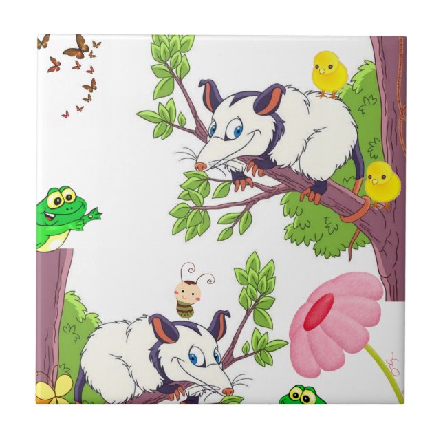 Ceramic Tile Frog Opossum Chicks Wildlife  (Front)