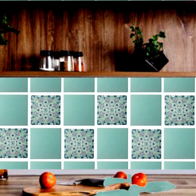Ceramic Tile Geometric with light greens and teal (Green geometric tile shown on a kitchen backsplash with  green field tiles.)