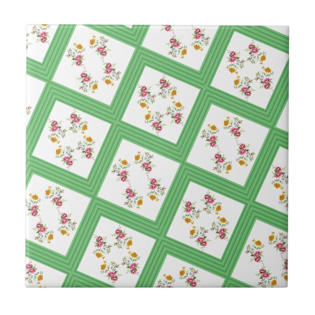 Ceramic Tile Green Stripe Floral (Front)