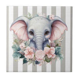 Ceramic Tile Grey & White Stripe Elephant Floral