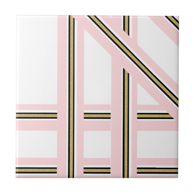 Ceramic Tile Pink & White Gold Black Stripe  (Front)