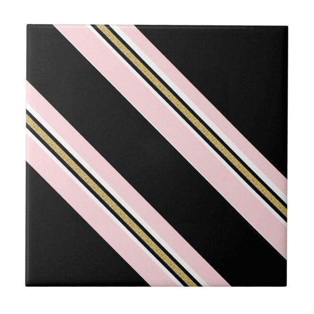 Ceramic Tile Pink & White Gold Black Stripe  (Front)