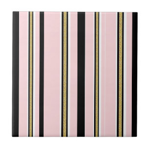 Ceramic Tile Pink & White Gold Black Stripe