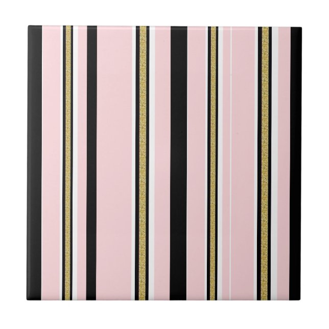 Ceramic Tile Pink & White Gold Black Stripe  (Front)
