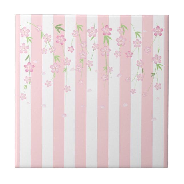 Ceramic Tile Pink & White Stripe Flowers Floral  (Front)