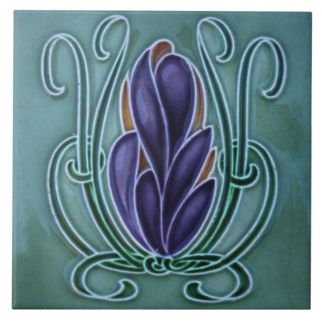Ceramic Tile -- Purple Floral Art Nouveau Design (Front)