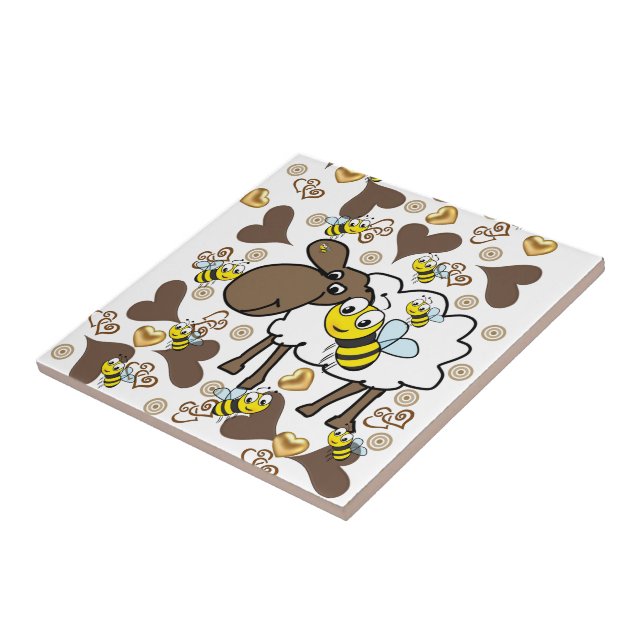 Ceramic Tile Sheep Bumblebee Brown Hearts (Side)