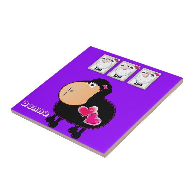 Ceramic Tile Sheep, Pink Hearts, Purple (Side)