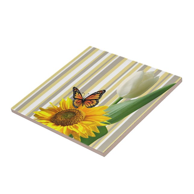 Ceramic Tile Stripe White Tulip Butterfly Floral (Side)