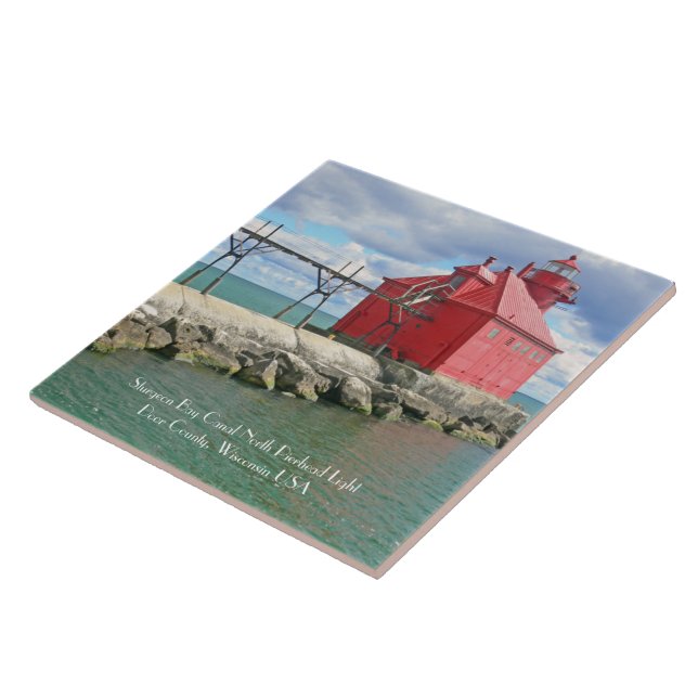 CERAMIC TILE/TRIVET WITH RED LIGHTHOUSE AND PIER TILE (Side)
