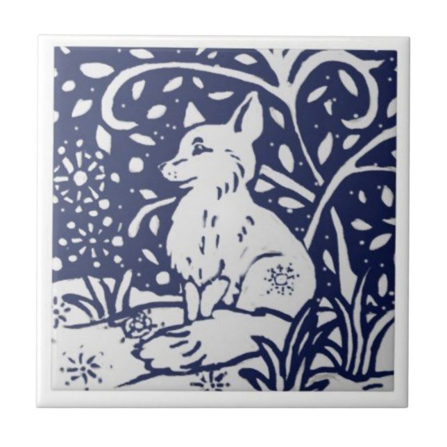 Ceramic Tile - Vintage Blue and White Fox (Front)