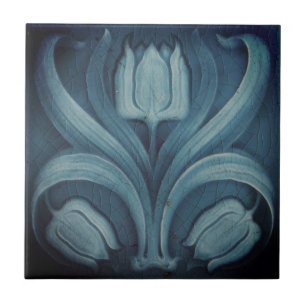 Ceramic Tile Vintage Pale Blue Tulips Art Nouveau